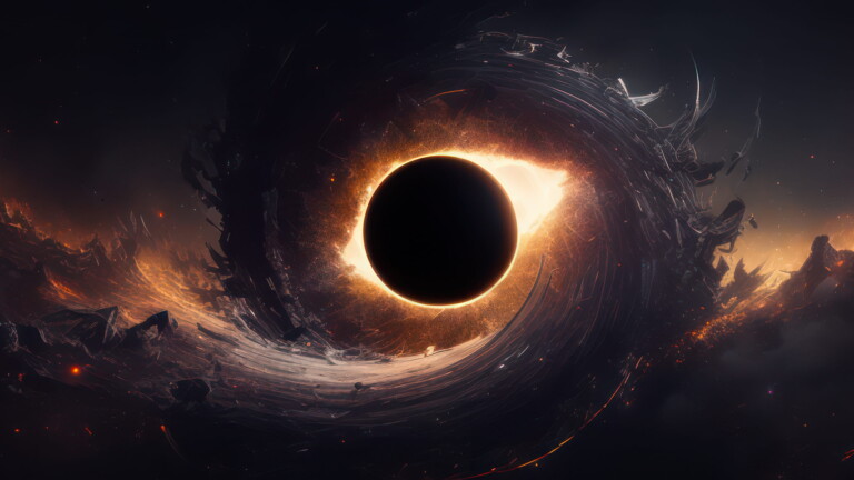 Experience the vastness of the universe with this stunning 4K wallpaper featuring a black hole in space, created with AI technology. The abstract scene showcases the unique beauty of deep space and the mysterious nature of black holes.