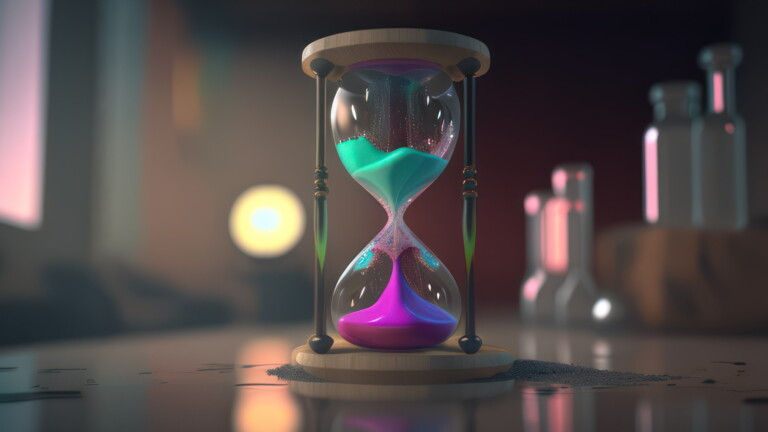 Add a touch of the future to your screen with this stunning 4K wallpaper featuring an hourglass with colorful sand, generated by AI. The abstract scene showcases the unique beauty of time and the seamless blend of colors.