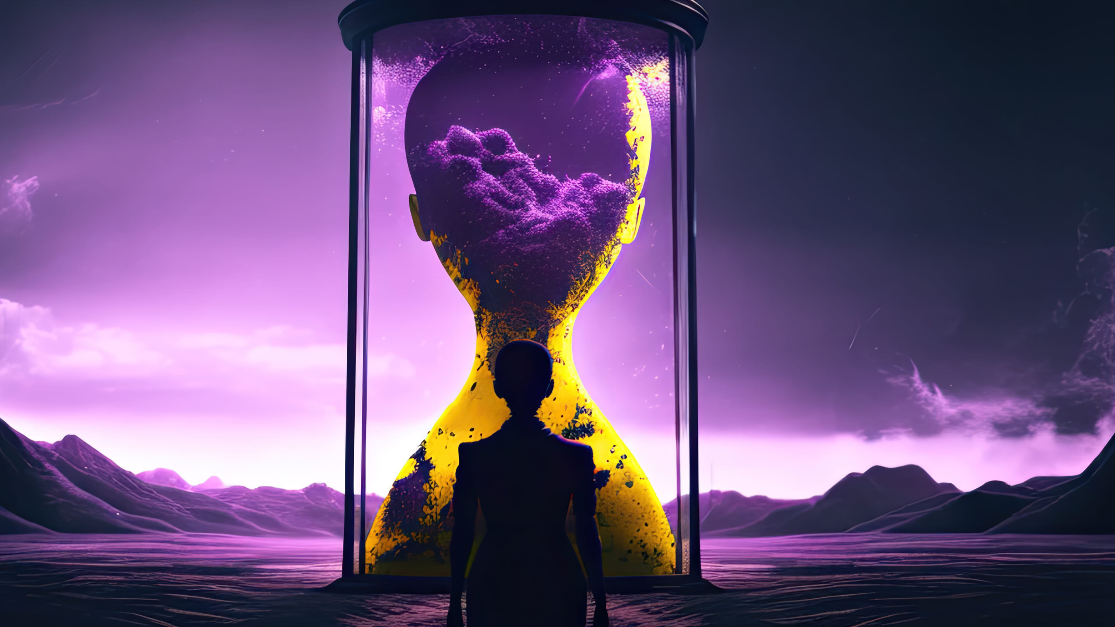 A scenic wallpaper featuring a lonely woman looking at herself in the hourglass.