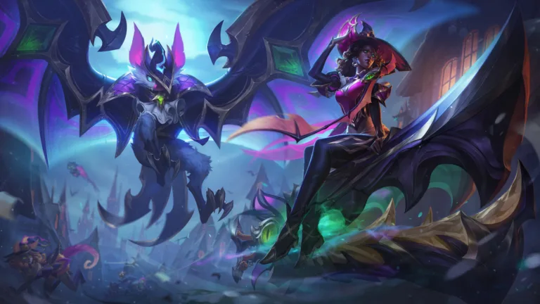 A stunning 4K desktop wallpaper featuring the Bewitching Senna and Anivia skins in League of Legends.