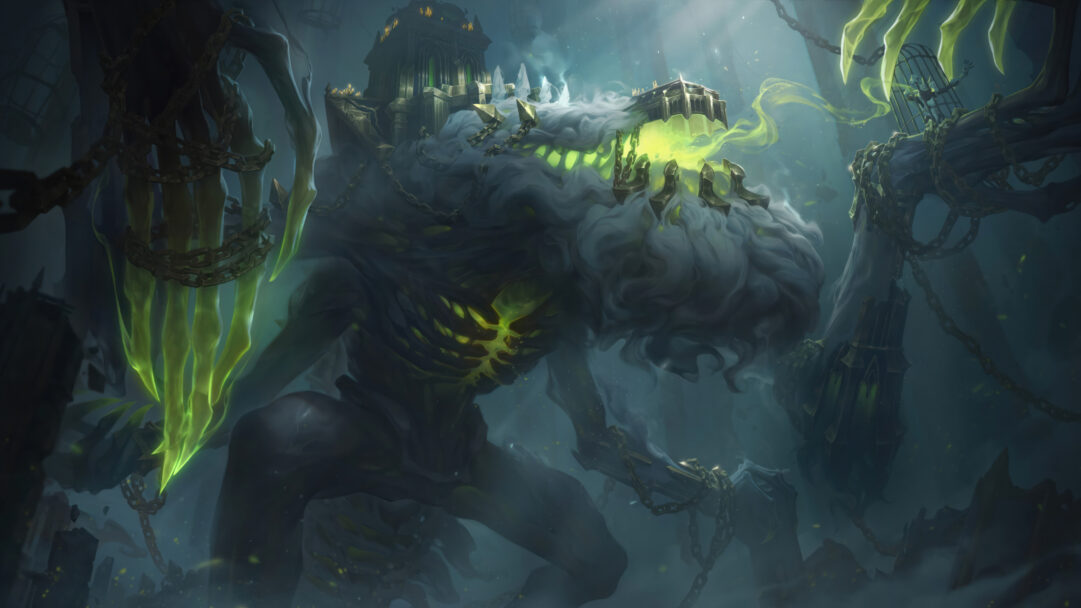 A striking 4K desktop wallpaper featuring the Broken Covenant Cho'Gath skin from League of Legends.
