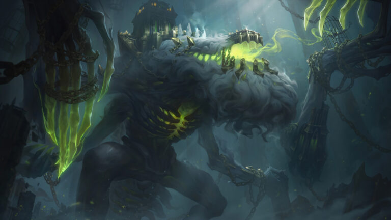 A striking 4K desktop wallpaper featuring the Broken Covenant Cho'Gath skin from League of Legends.