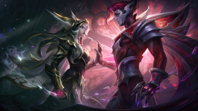 A stunning League of Legends 4K desktop wallpaper featuring the Broken Covenant Xayah and Rakan skins from League of Legends.