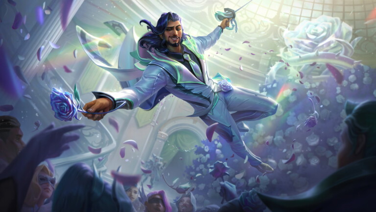 Crystal Rose Akshan skin splash art in 4K resolution for League of Legends. The image features Akshan holding a crystal rose and wearing a silver outfit.