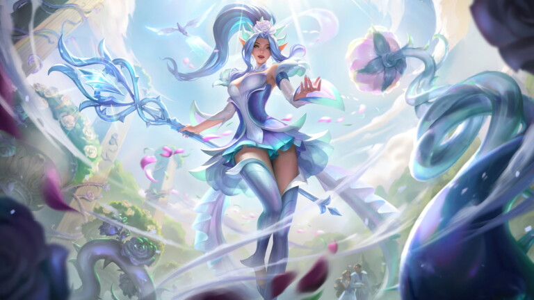 League of Legends 4K wallpaper showcases the captivating Crystal Rose Janna skin, featuring intricate details and vivid colors.