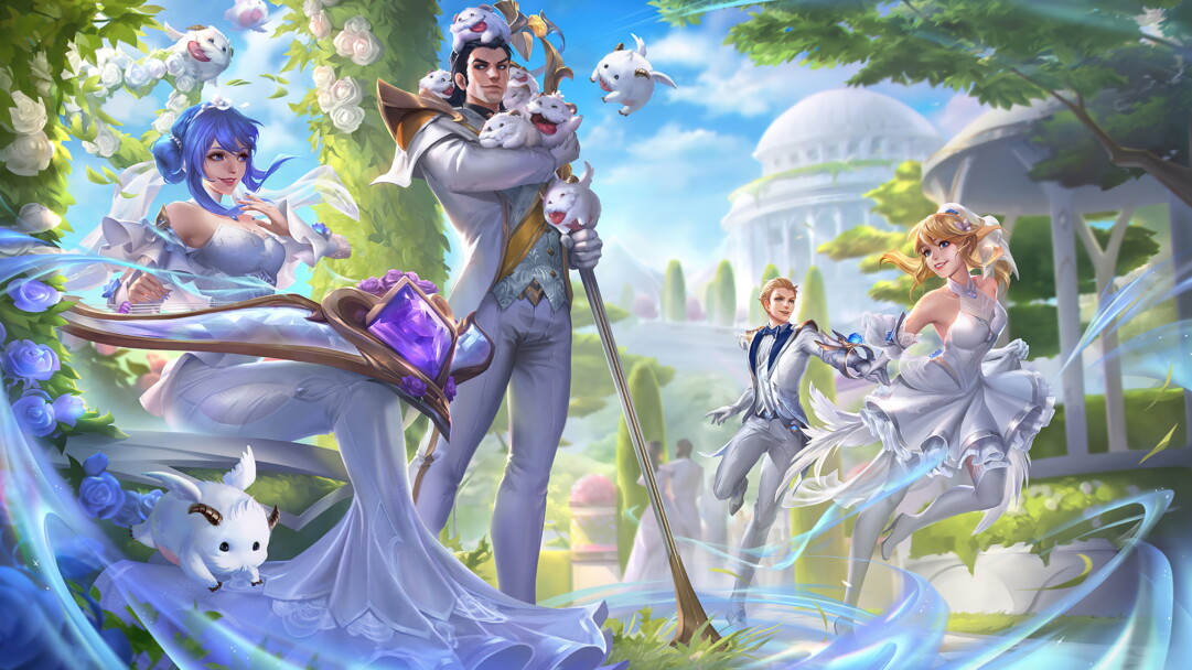 Enjoy this stunning 4K wallpaper featuring the Crystal Rose skins for Sona, Jarvan IV, Lux, and Ezreal from League of Legends Wild Rift.