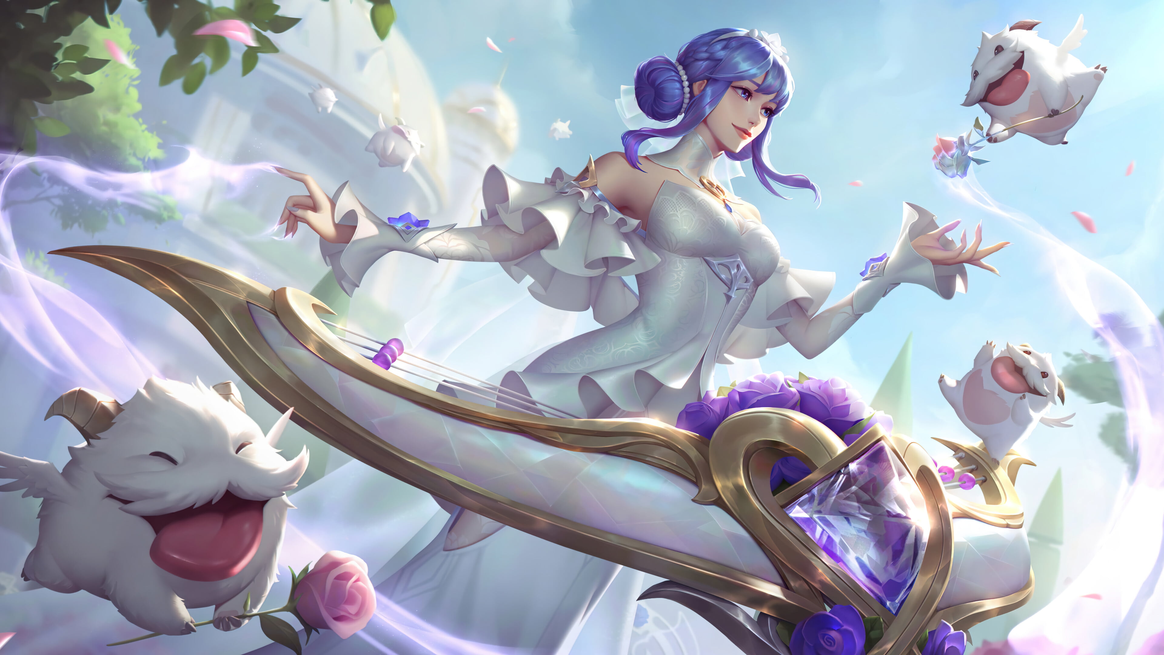 A stunning 4K desktop wallpaper featuring the Crystal Rose Sona skin from League of Legends Wild Rift.