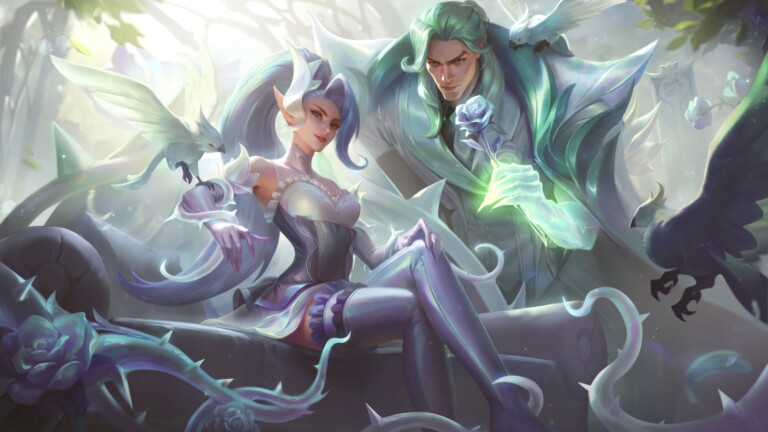 Enjoy the beauty of the Crystal Rose skins in League of Legends with this stunning splash art wallpaper featuring Zyra and Swain in their flowery attire.