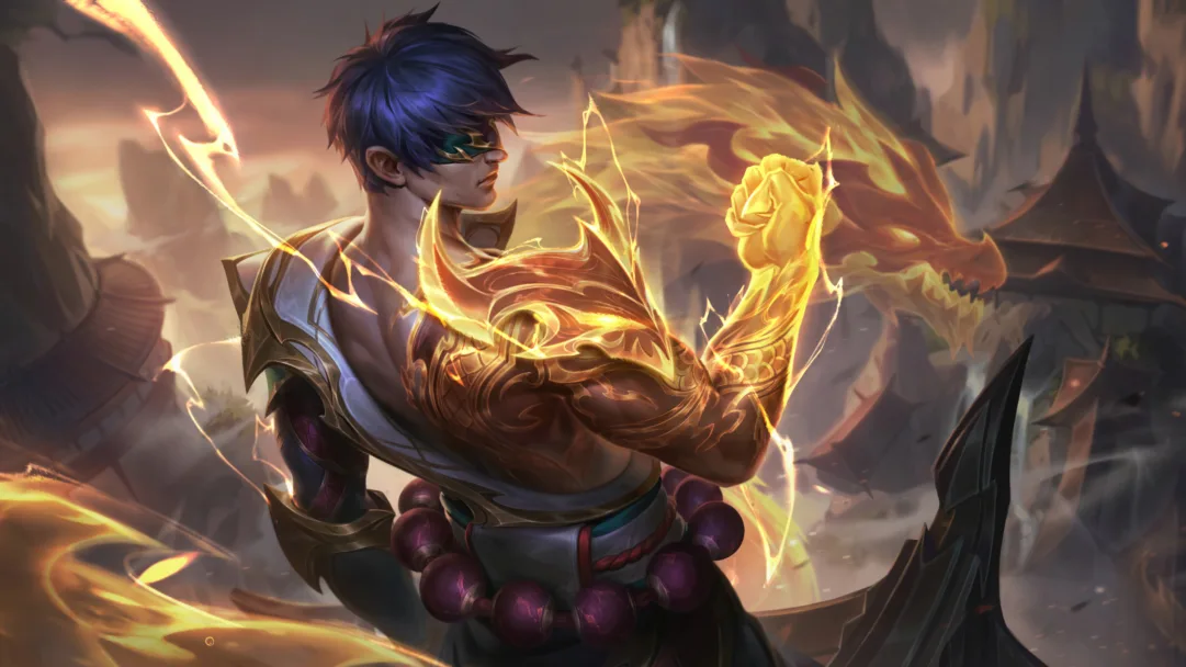 4K wallpaper of Dragon Fist Lee Sin in his Mythic Chroma skin, as seen in the splash art from the game League of Legends. The wallpaper features Lee Sin performing a martial arts move in a fiery, dragon-themed environment.