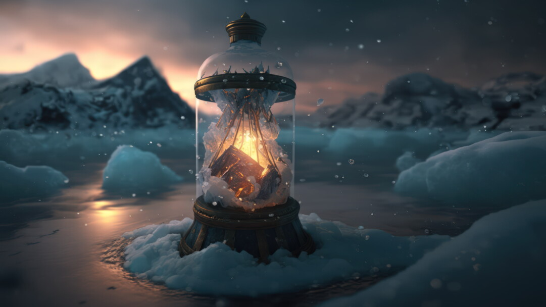 Experience the power of nature with this stunning 4K wallpaper featuring a frozen bottle with lightning inside it. The abstract scene showcases the unique beauty of electricity and the fierce power of storms.