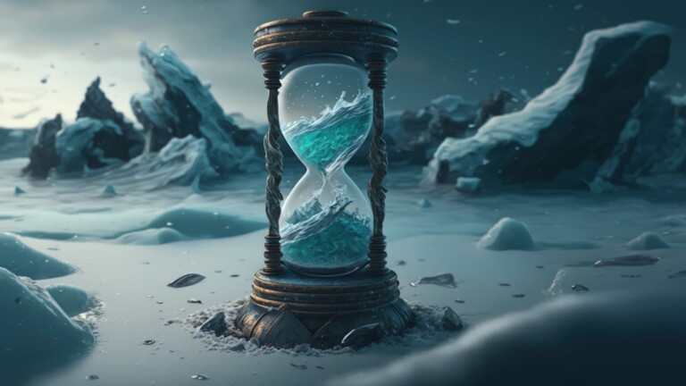 A stunning 4K desktop wallpaper featuring a frozen hourglass on the snow, generated by AI. Perfect for adding a touch of elegance to your desktop background.