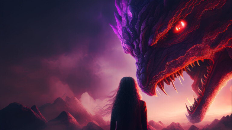 A 4K resolution desktop wallpaper featuring a lonely girl facing a giant scary dragon, created by AI technology.