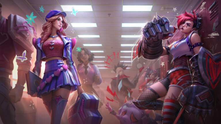 4K desktop wallpaper featuring Heartthrob Caitlyn and Heartache Vi, two Valentine skins from League of Legends.
