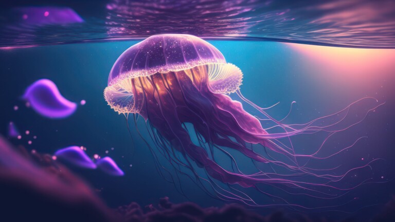 A stunning 4K desktop wallpaper featuring jellyfish swimming in the mysterious depths of the sea.