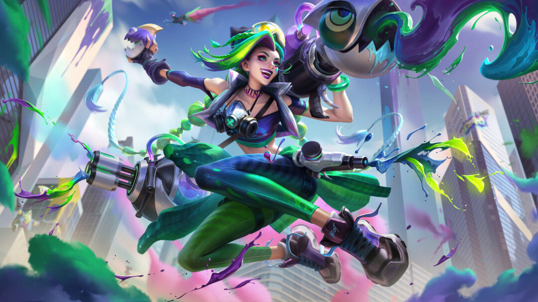 League of Legends 4K wallpaper featuring Jinx Chromacrash Skin splash art from LoL Wild Rift, showing Jinx in a dynamic pose with explosions in the background.