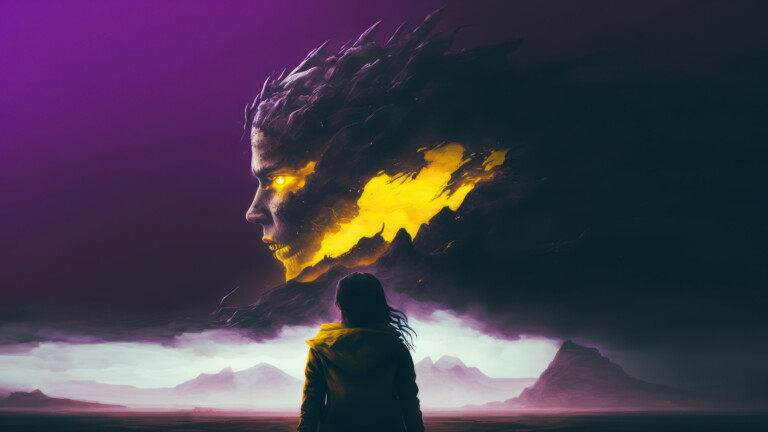 A 4K desktop wallpaper featuring a lonely girl looking at a giant monster girl generated by AI.