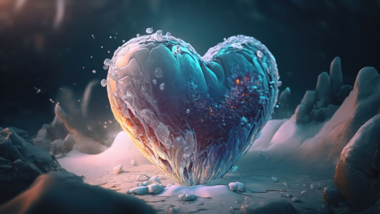 A stunning, ai-generated wallpaper featuring a frozen heart surrounded by snow in 4K resolution for your desktop background.