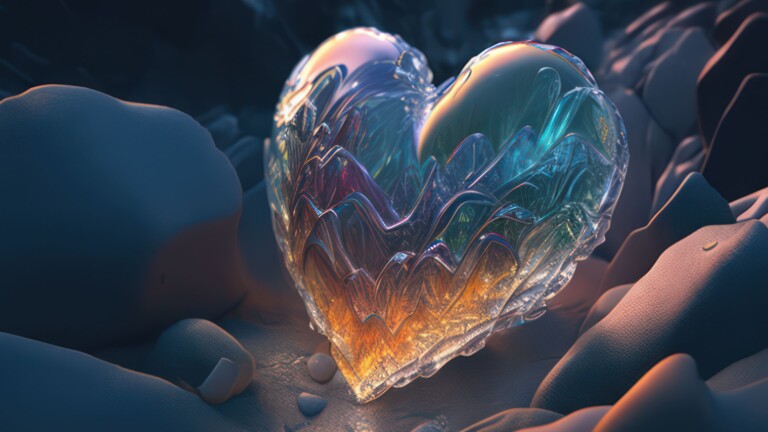 Colorful and abstract AI generated 4K desktop wallpaper of a crystal heart