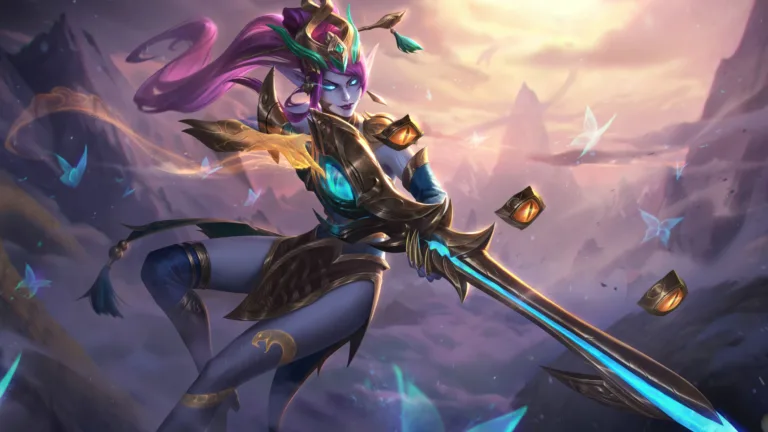 League of Legends 4K wallpaper of Lunar Wraith Caitlyn in her golden chroma skin, with her holding her rifle while surrounded by a blue and purple magical aura.