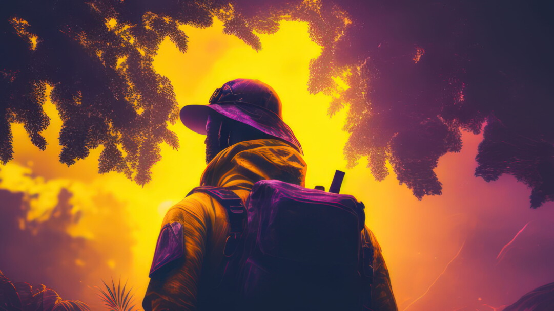 A 4K desktop wallpaper of a man walking into a tropical mysterious jungle, generated by AI.