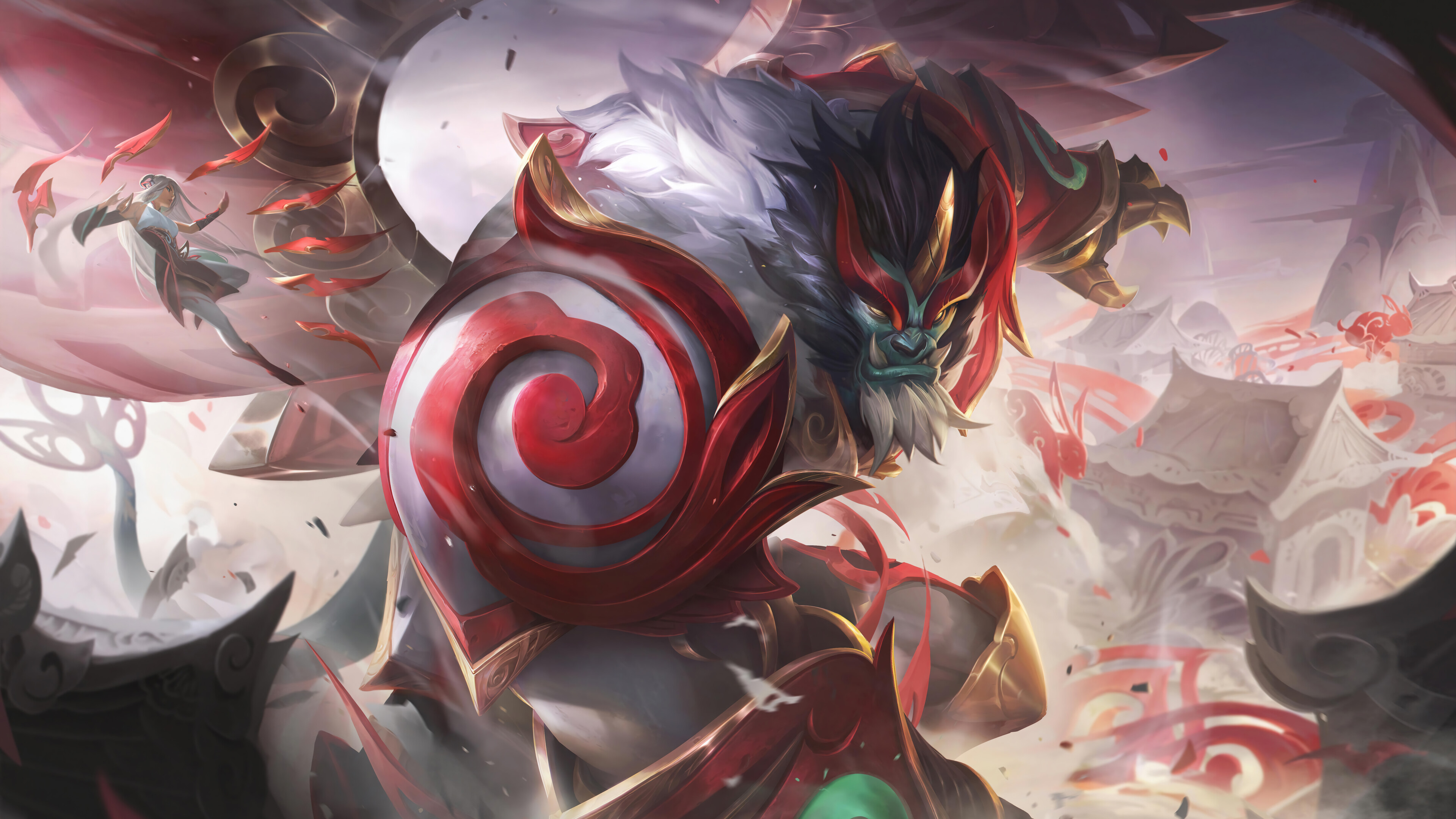 League of Legends 4K wallpaper featuring the Mythic Galio skin, showing Galio in a powerful stance with glowing energy emanating from his body.