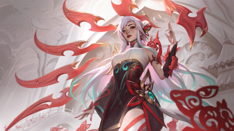 League of Legends 4K wallpaper features the Mythic Irelia skin, showcasing Irelia in her new mythical outfit and wielding her iconic blades in a dramatic pose.