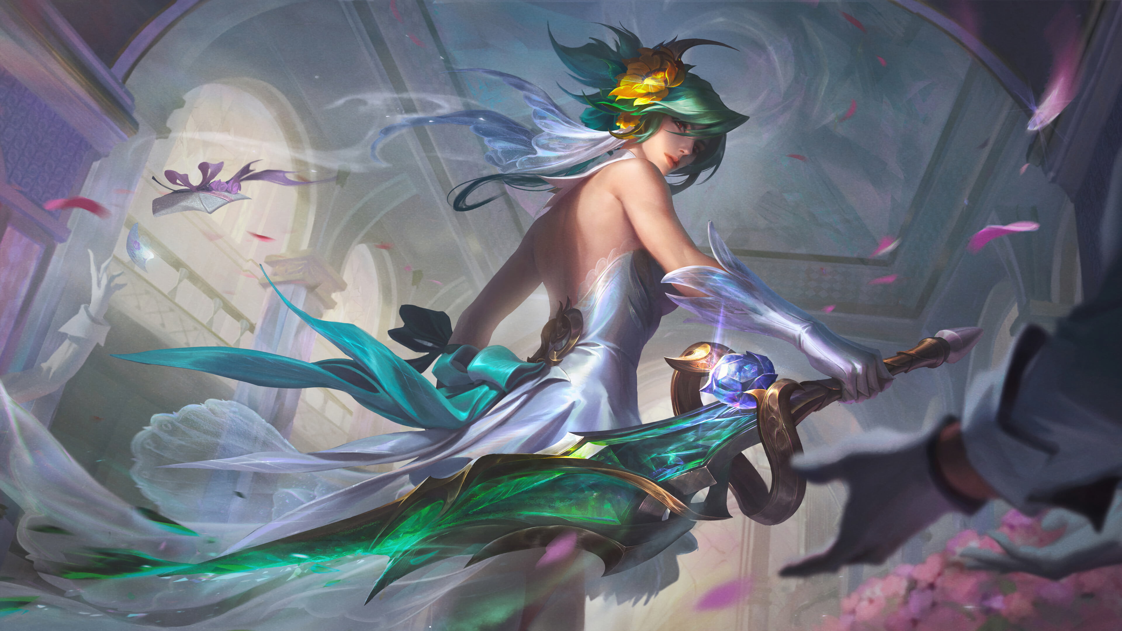A high-quality 4K wallpaper featuring the Riven Crystal Rose skin splash art from League of Legends: Wild Rift
