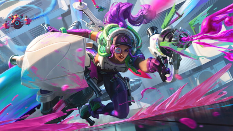A vibrant 4K wallpaper featuring the Chromacrash Samira skin from League of Legends Wild Rift.