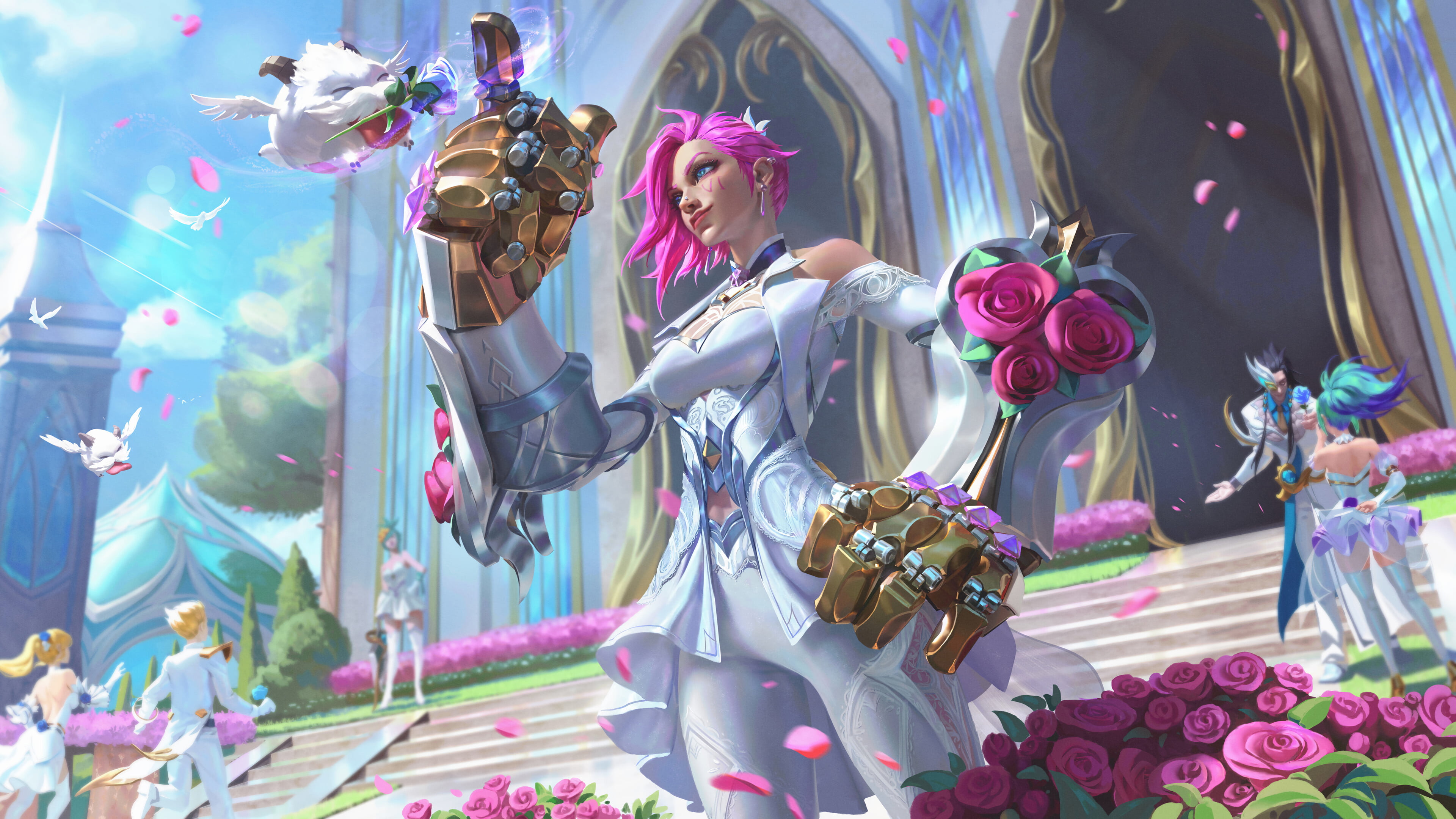 A stunning 4K desktop wallpaper featuring the Vi Crystal Rose skin from League of Legends Wild Rift.