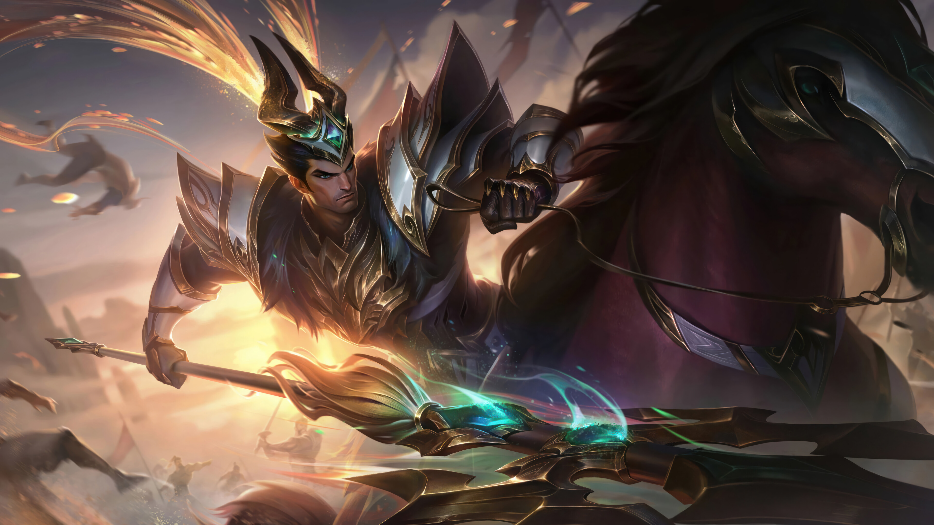 League of Legends 4K wallpaper featuring the Warring Kingdom Jarvan IV LoL skin splash art, with Jarvan IV standing proud with his spear in a battle-ready pose amidst a fiery warzone.