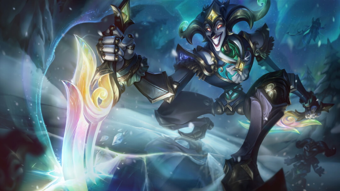 The Winterblessed Shaco skin from League of Legends, featuring a winter-themed outfit with a blue and white color scheme.