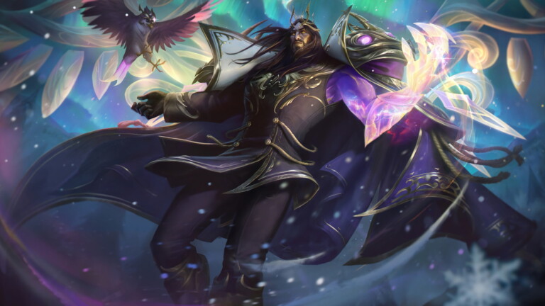 4K wallpaper featuring Winterblessed Swain, a skin for the champion Swain in the popular MOBA game League of Legends.