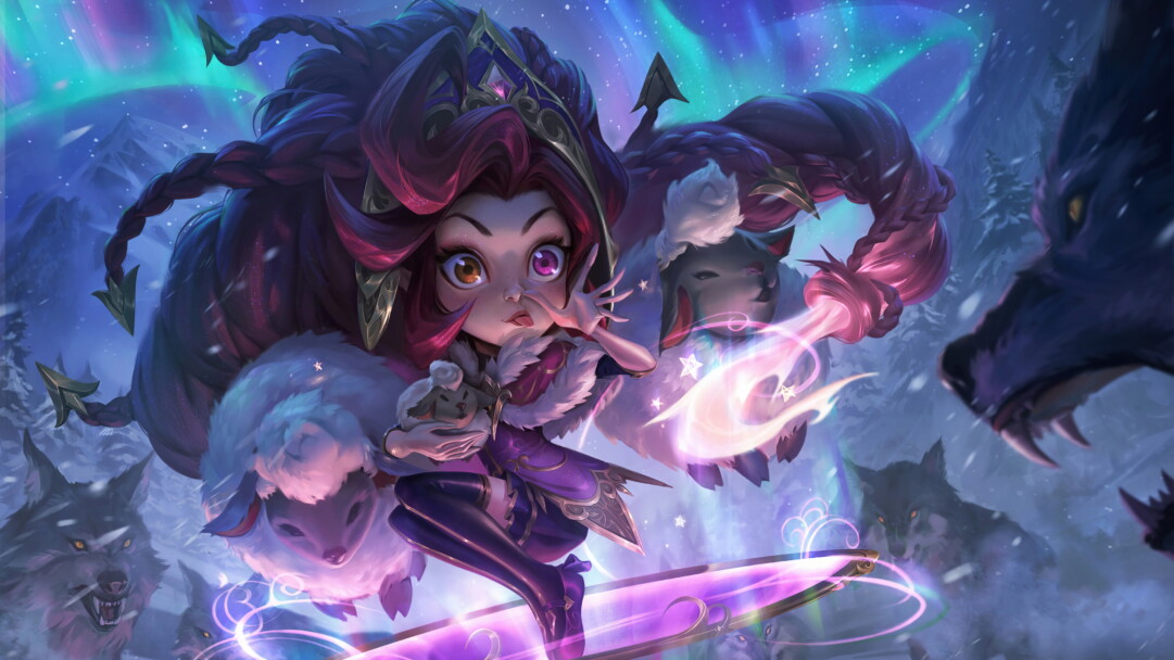 Winter Wonder Zoe skin splash art from League of Legends, featuring a snow-themed outfit and staff, with sheep and wolves in the background.