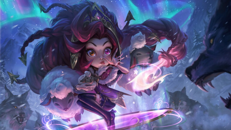 Winter Wonder Zoe skin splash art from League of Legends, featuring a snow-themed outfit and staff, with sheep and wolves in the background.