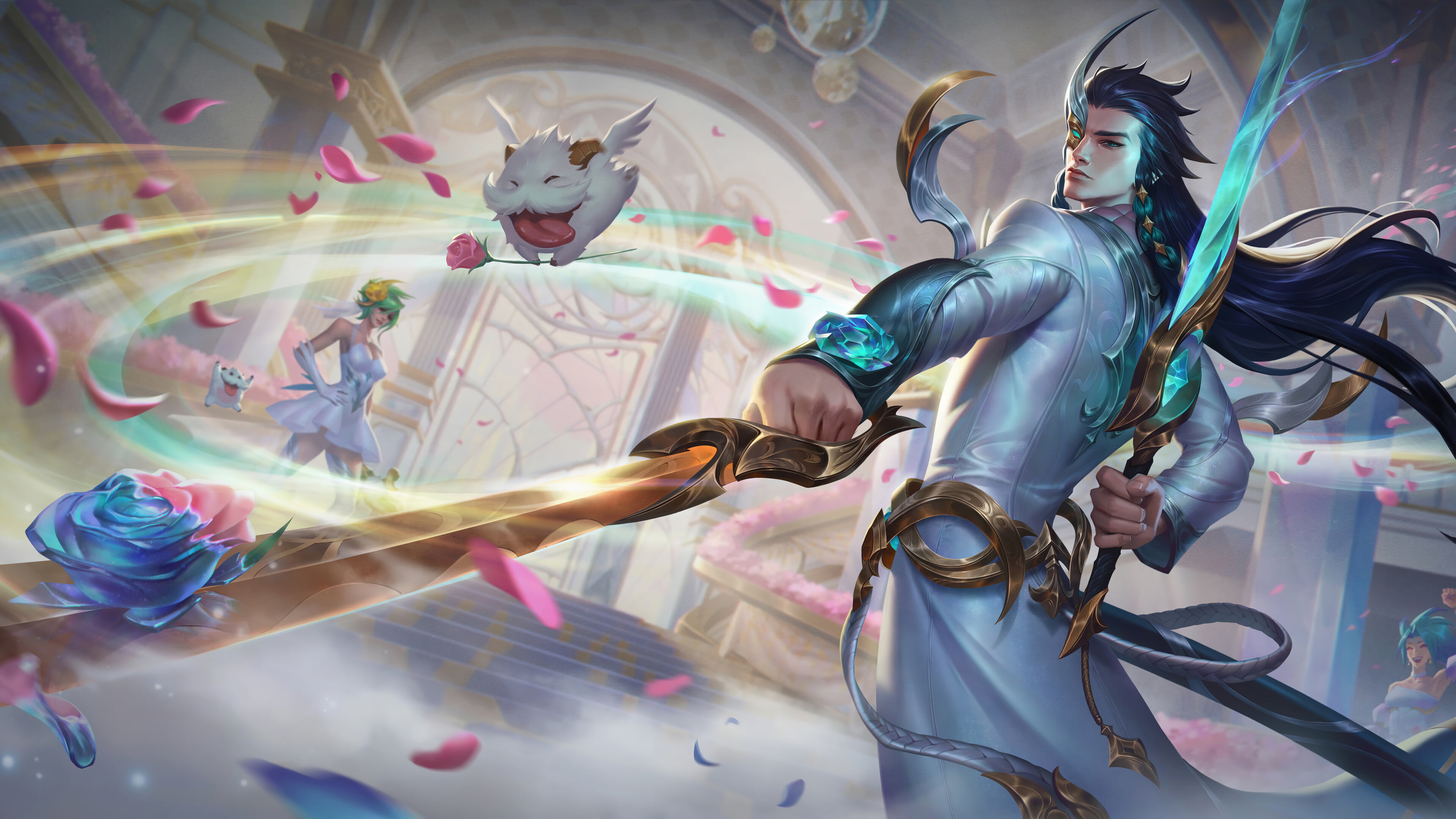 A stunning 4K desktop wallpaper featuring the Yone Crystal Rose skin from League of Legends Wild Rift.