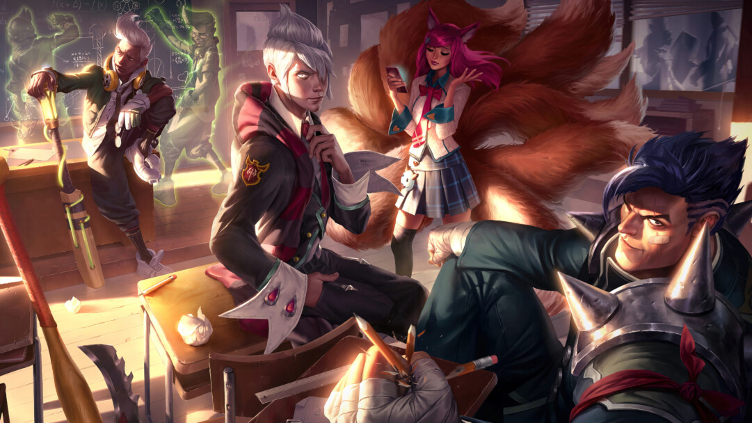 A stunning 4K desktop wallpaper featuring Academy skins of Darius, Vladimir, Ekko, and Ahri from League of Legends.