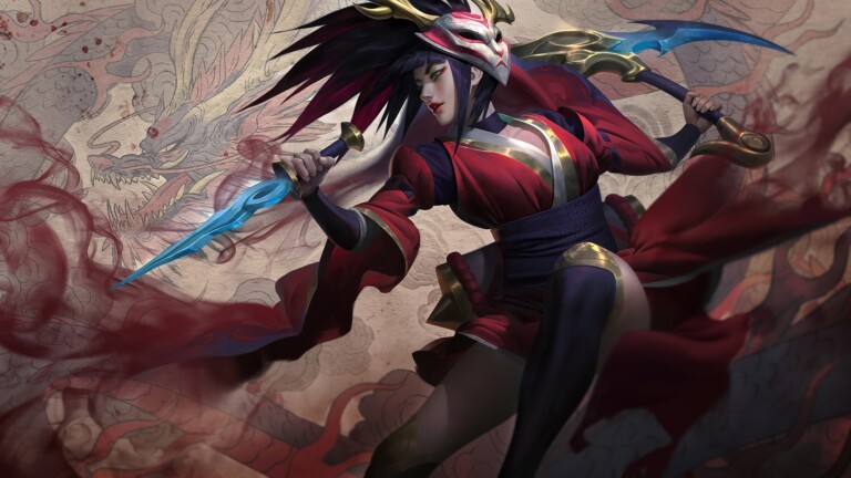A striking 4K desktop wallpaper featuring the Akali Blood Moon skin from League of Legends.