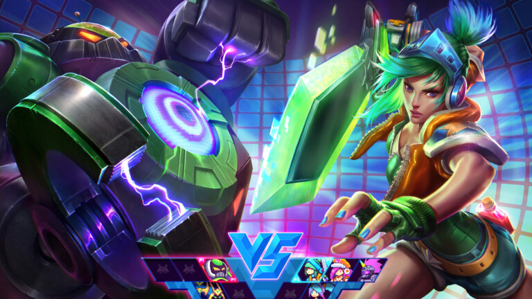 Get ready for some retro gaming with this 4K wallpaper featuring the Arcade Riven and Battle Boss Blitzcrank skins from League of Legends Wild Rift.