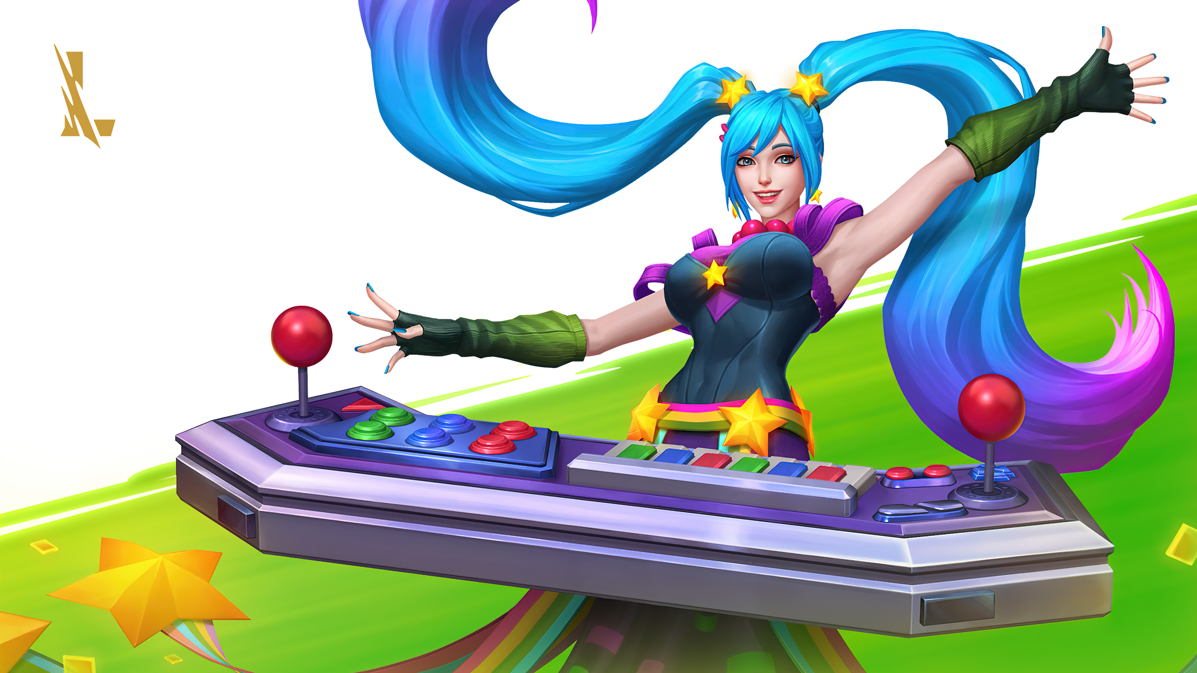 Enjoy the colorful and vibrant Arcade Sona Skin in this 4K wallpaper for League of Legends Wild Rift.