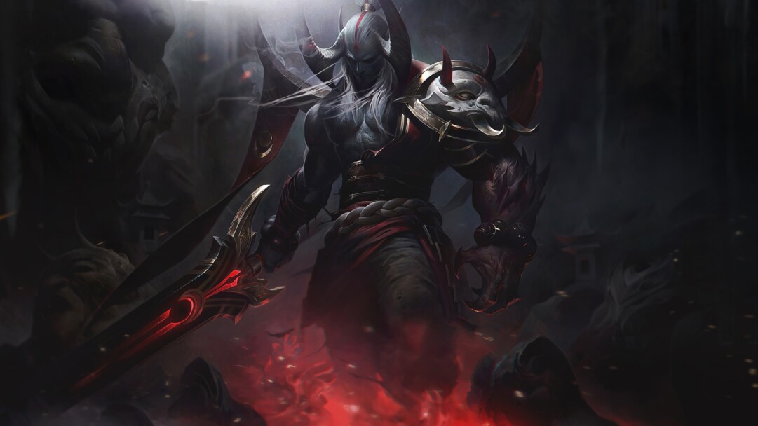 A striking 4K desktop wallpaper featuring the Blood Moon Aatrox skin from the popular game League of Legends.