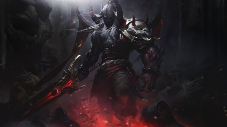 A striking 4K desktop wallpaper featuring the Blood Moon Aatrox skin from the popular game League of Legends.