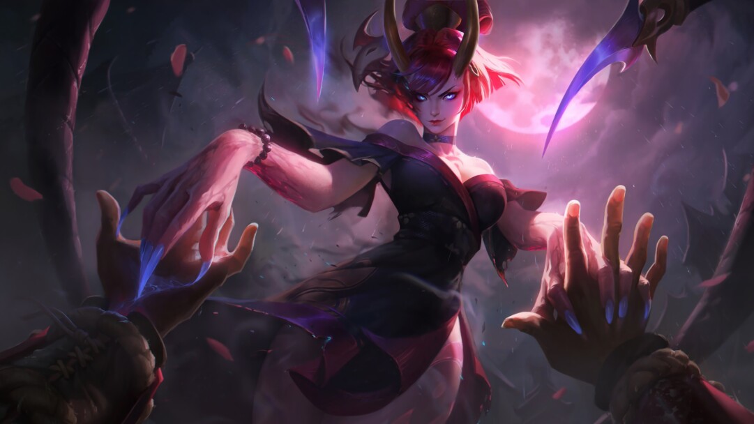A stunning 4K desktop wallpaper featuring the Blood Moon Evelynn skin from the popular game League of Legends.