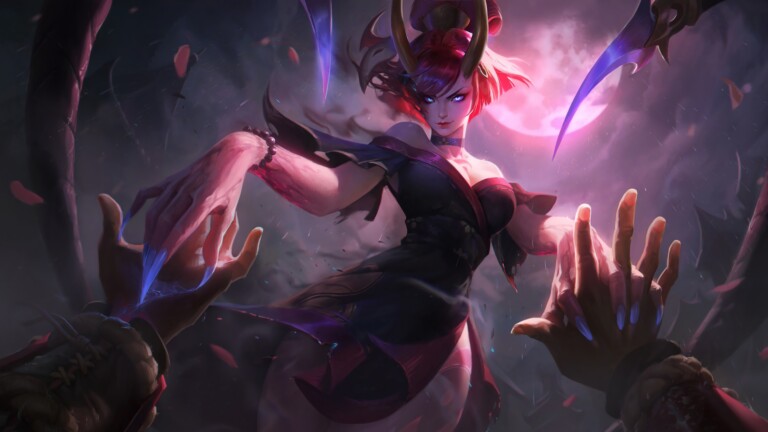 A stunning 4K desktop wallpaper featuring the Blood Moon Evelynn skin from the popular game League of Legends.