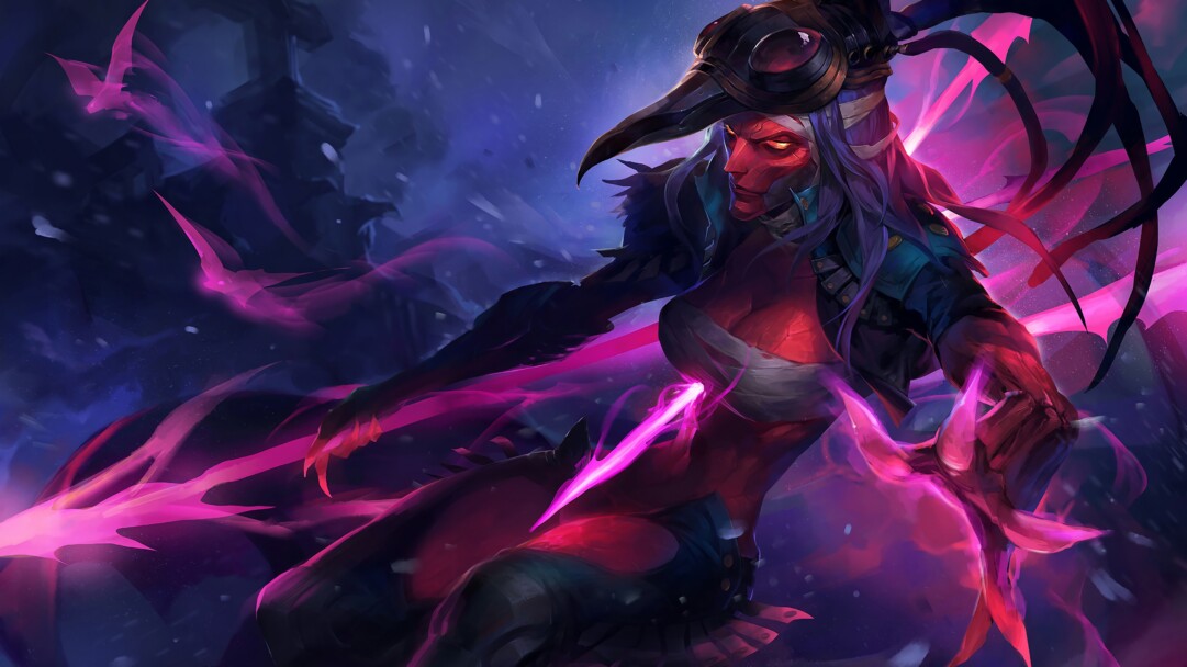 LoL 4K wallpaper featuring the Blood Moon Kalista skin from League of Legends, showcasing her deadly weapons and mysterious aura.