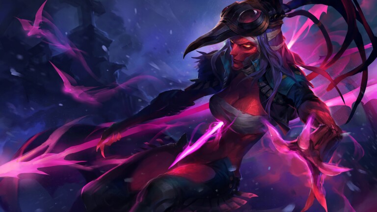 LoL 4K wallpaper featuring the Blood Moon Kalista skin from League of Legends, showcasing her deadly weapons and mysterious aura.