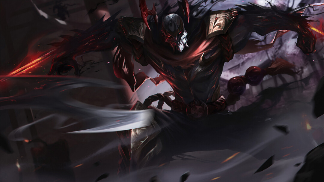 A striking 4K desktop wallpaper featuring the Blood Moon Zed skin from League of Legends.