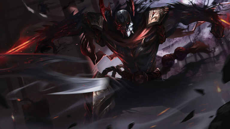 A striking 4K desktop wallpaper featuring the Blood Moon Zed skin from League of Legends.