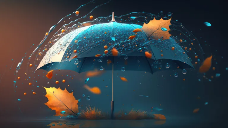 Blue Umbrella In Rainy Forest Scenery AI Generated 4K Desktop Wallpaper