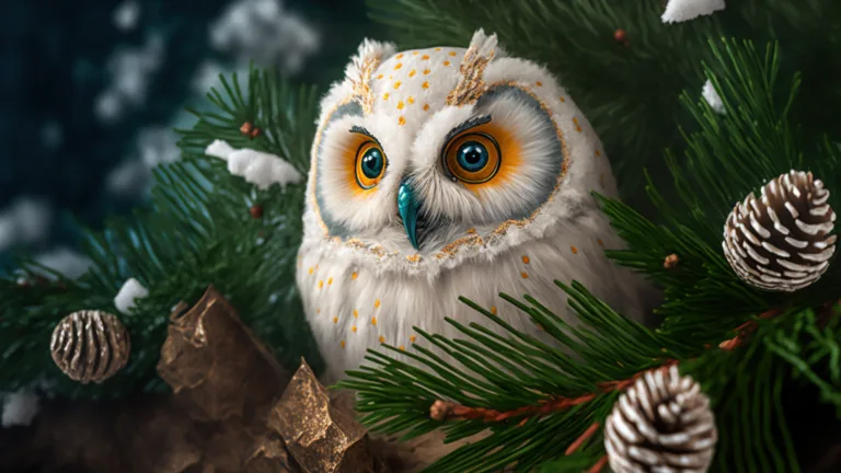 A captivating white owl depicted in digital art form in 4K resolution. The owl is perched on a branch with a blurred background of trees and nature.