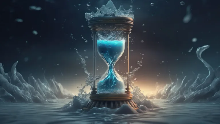 An AI-generated 4K desktop wallpaper featuring a frozen hourglass on the icy sea. This stunning winter wallpaper captures the beauty and serenity of the cold season.